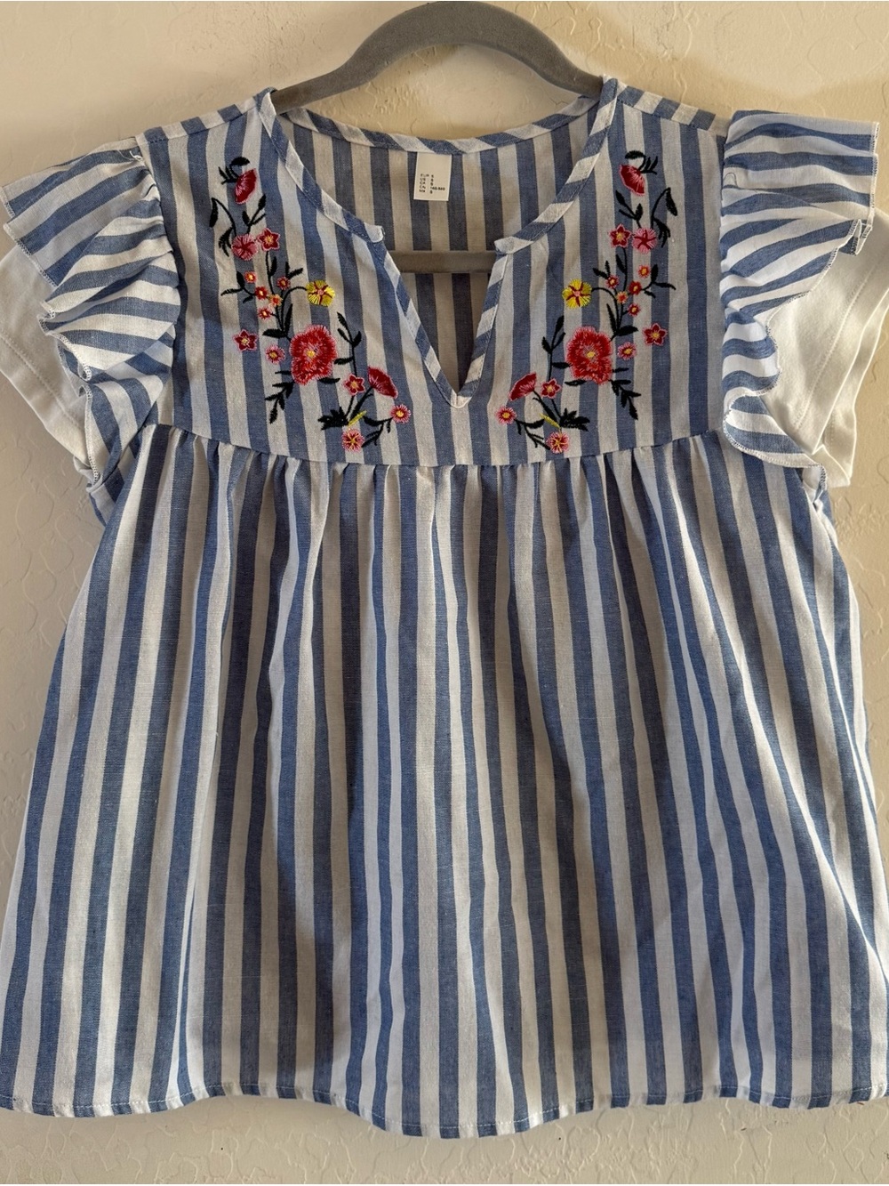 100% cotton, small, blue-and-white vertical striped embroidered blouse